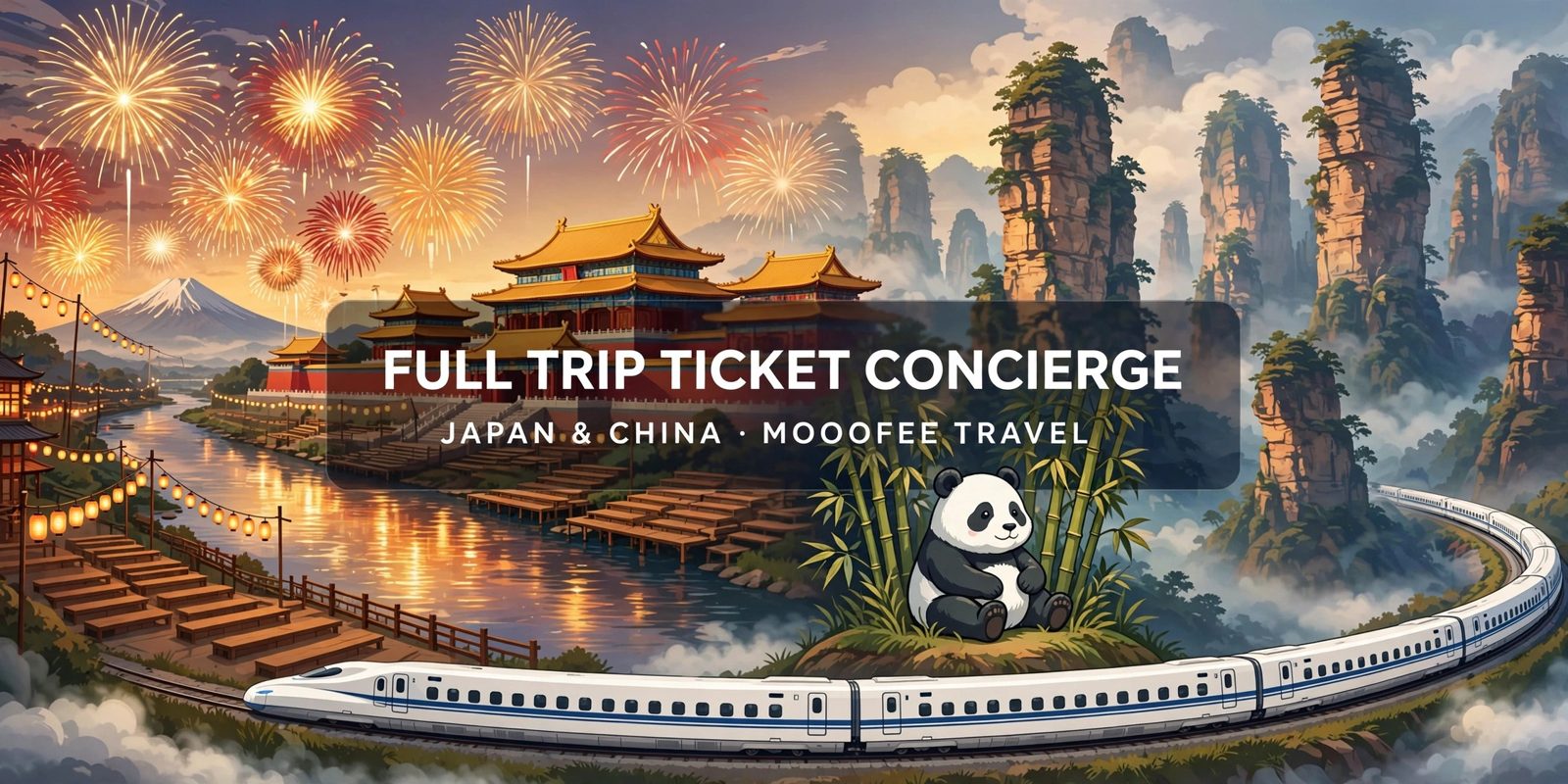 Illustrated banner: fireworks over a Japanese river festival, Beijing's Forbidden City rooftops, a giant panda, Zhangjiajie's stone pillars and a high-speed train